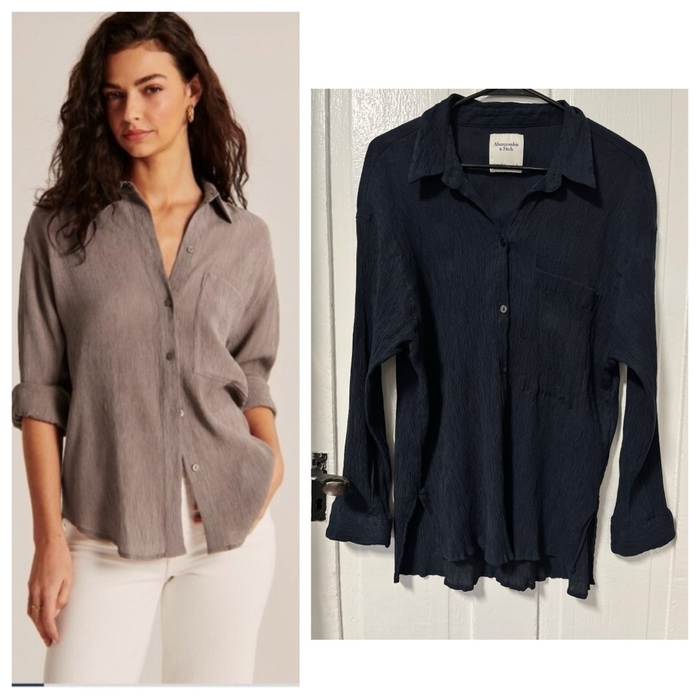 Abercrombie & Fitch Navy Blue Button down crinkle stretch blouse size large